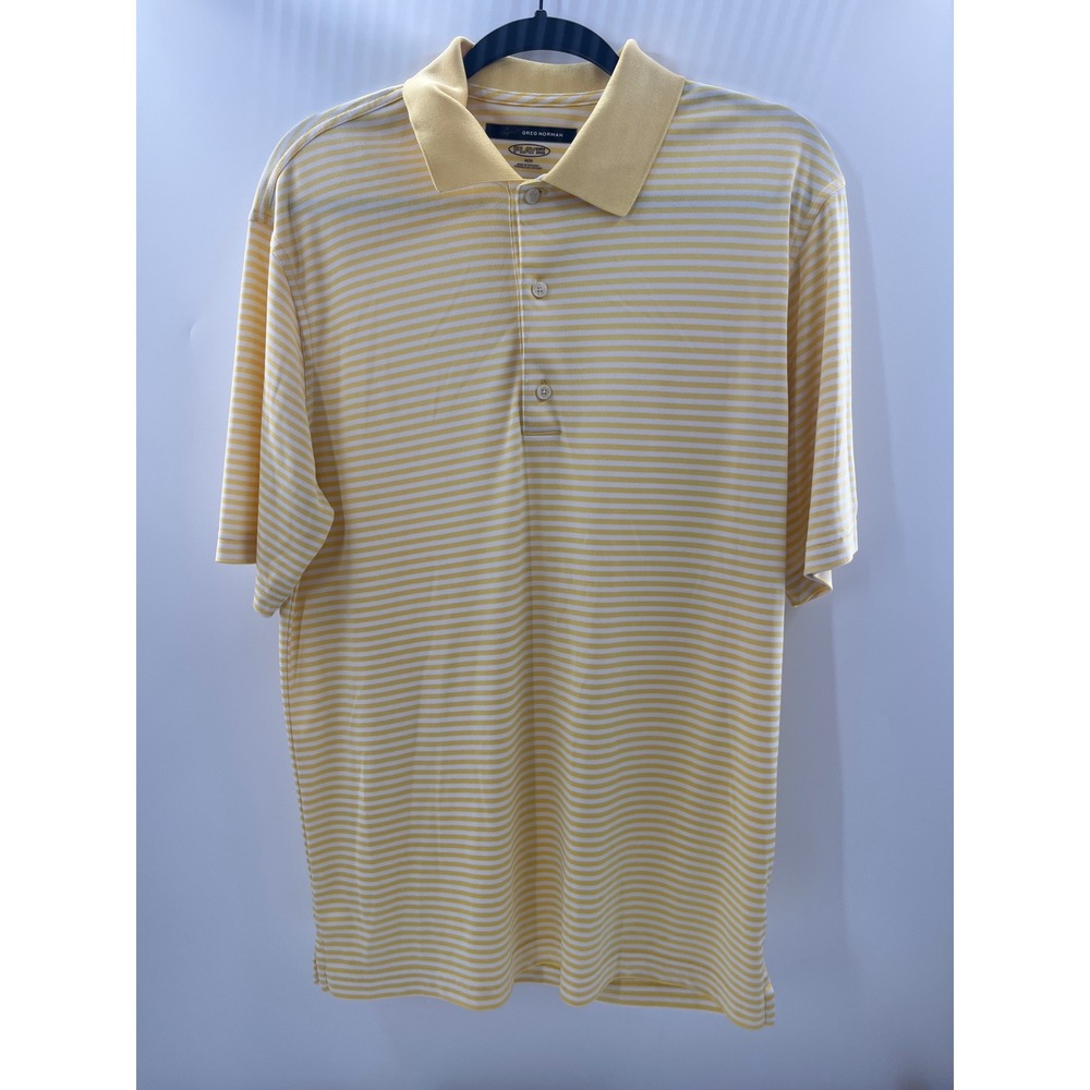 Greg Norman Play Dry Mens Yellow White Striped Golf Polo Shirt Size Medium